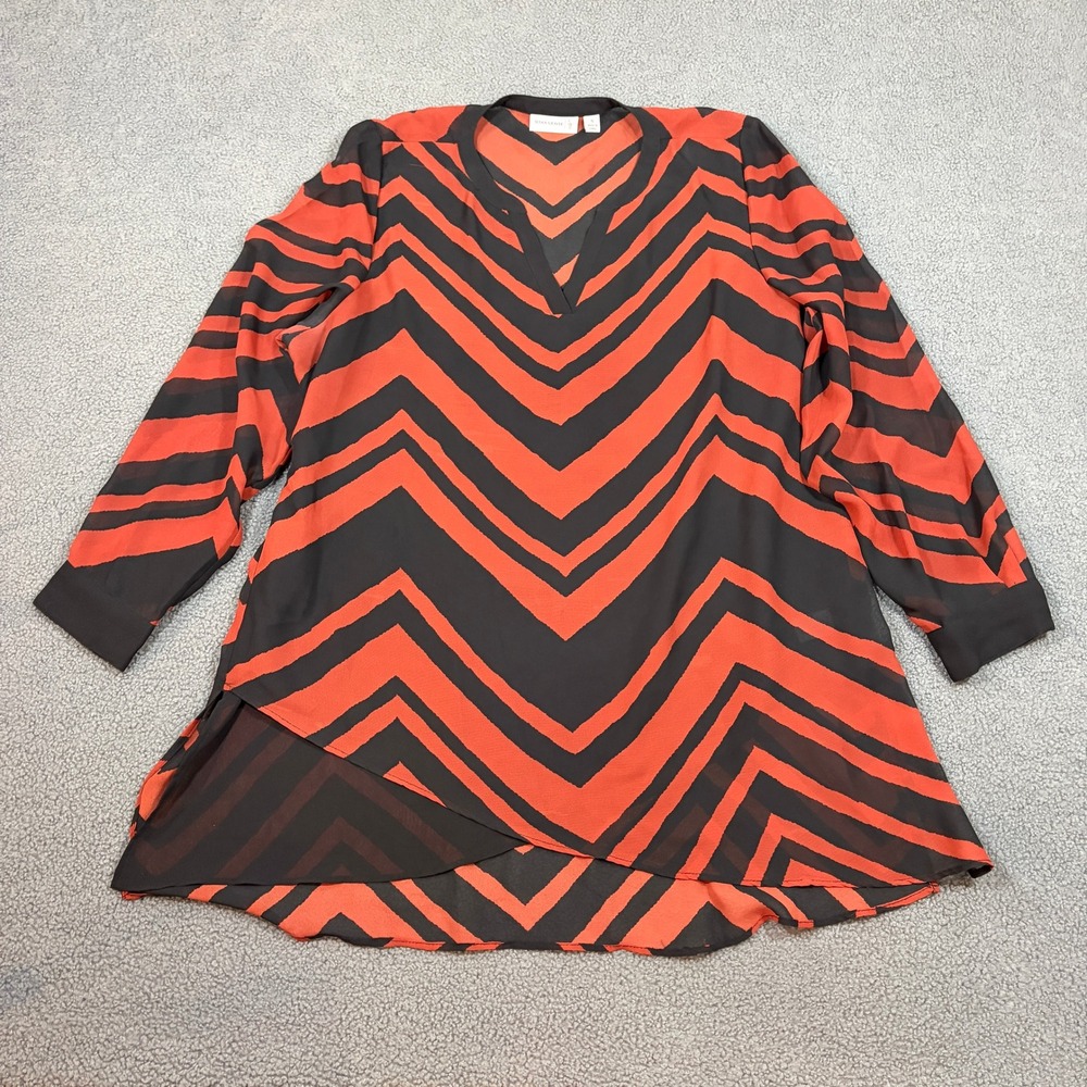 Susan Graver Tunic Top Womens 16 Orange Black A257104 Chevron V-Neck Long Sleeve